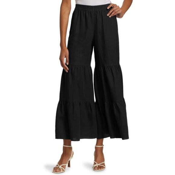 Trina Turk Linen Tiered Wide Leg Pants Small Black Boho Resort Out of Office - Picture 1 of 5